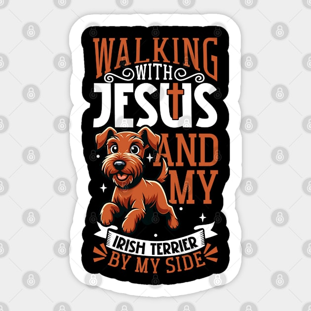 Jesus and dog - Irish Terrier Sticker by Modern Medieval Design
